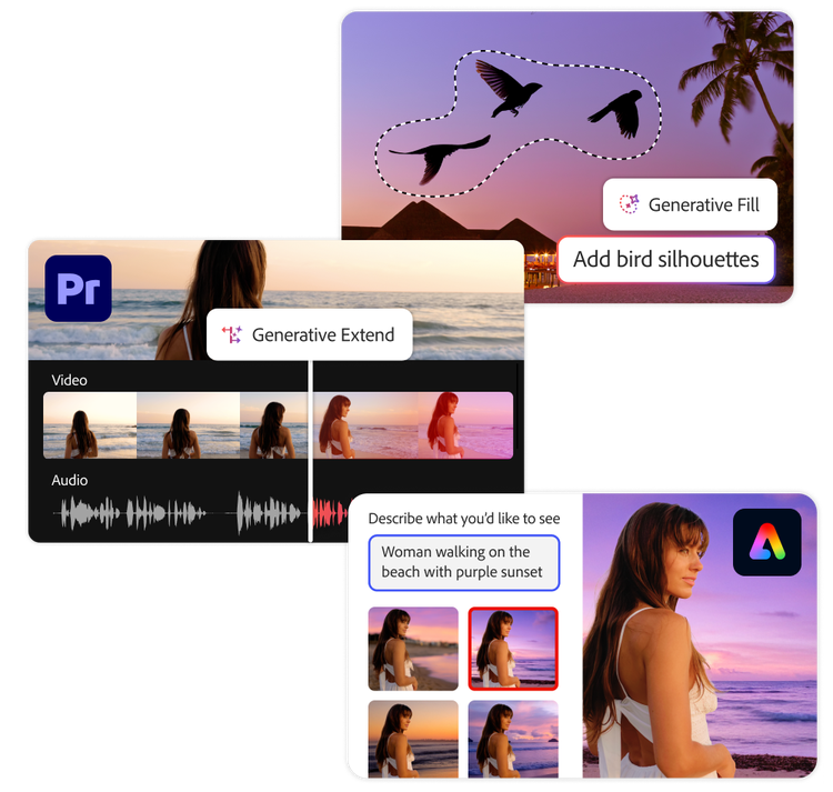 Generative AI tools in Photoshop, Premiere Pro, and Adobe Express creating asset variations