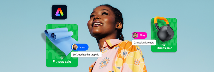 A woman smiling and looking up into the distance overlayed with the Adobe Express logo, campaign-approved images and approval comments from two coworkers.