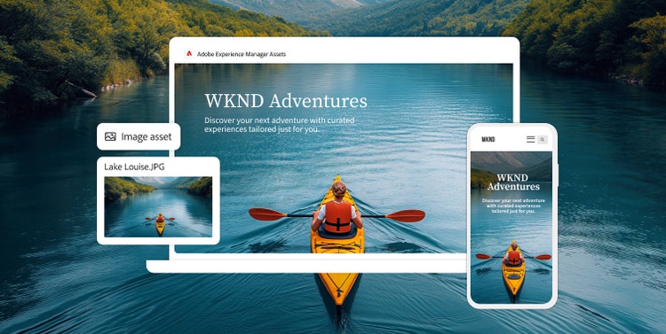 Three variants of an image of a boat on water, displayed as they would appear on a laptop, a tablet and a smartphone.