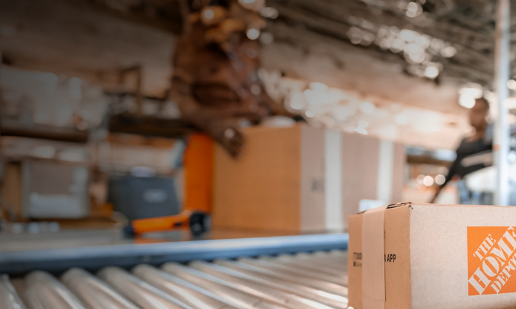 background image of Home Depot box on conveyor belt