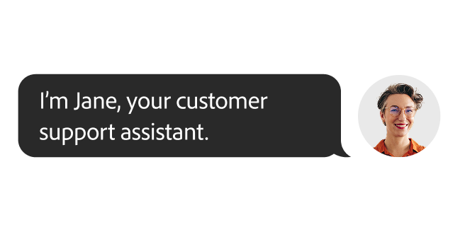 Chat bubble that reads "I'm Jane, your customer support assistant," next to a customer photo.