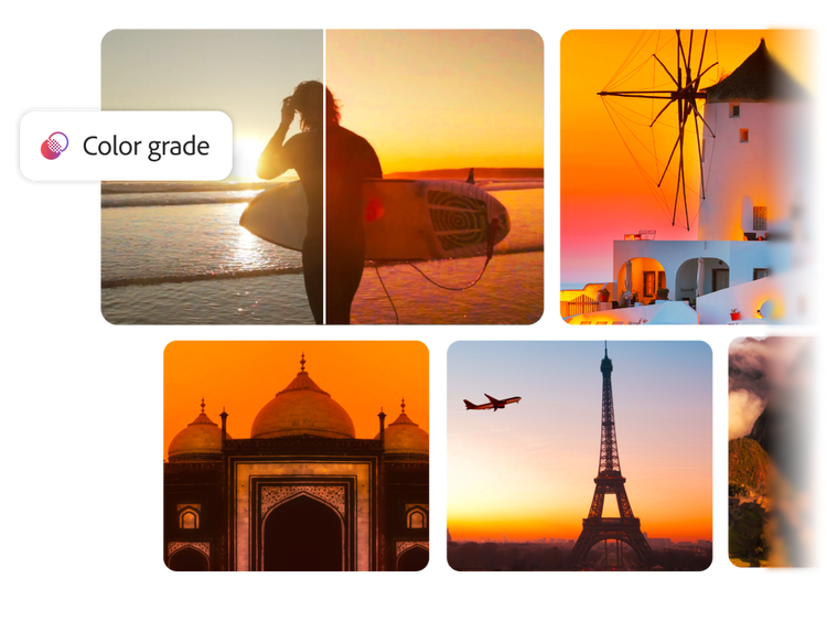 Thumbnail images of people, landmarks, and buildings are shown at sunset with consistent lighting and color in the Firefly Color Grade tool.