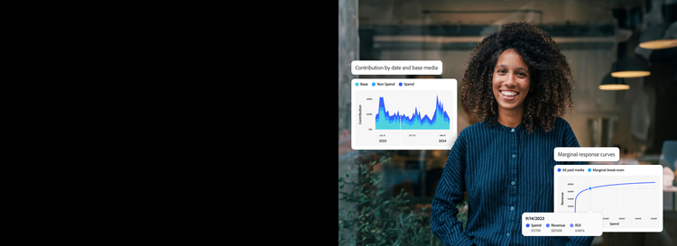 https://main--bacom--adobecom.hlx.page/assets/videos/products/mix-modeler/media_1d1ae451f8acbbd6b87a441e79d05fd40ad4dc258.mp4#_autoplay | Marketer with charts of media channel contribution and marginal response curve