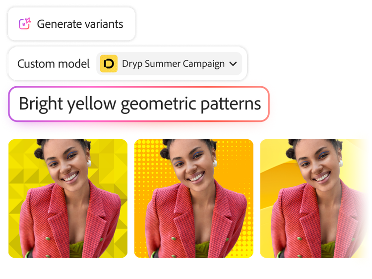 Generative AI creating background variants from a bright yellow geometric pattern model for a summer campaign.