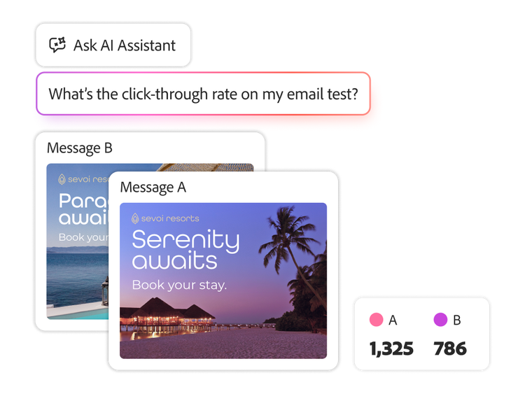 Two ad variations and a question for the AI Assistant about their performance