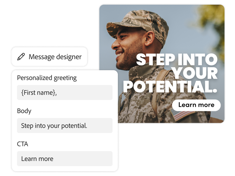 UI of the personalized message designer and a recruitment ad