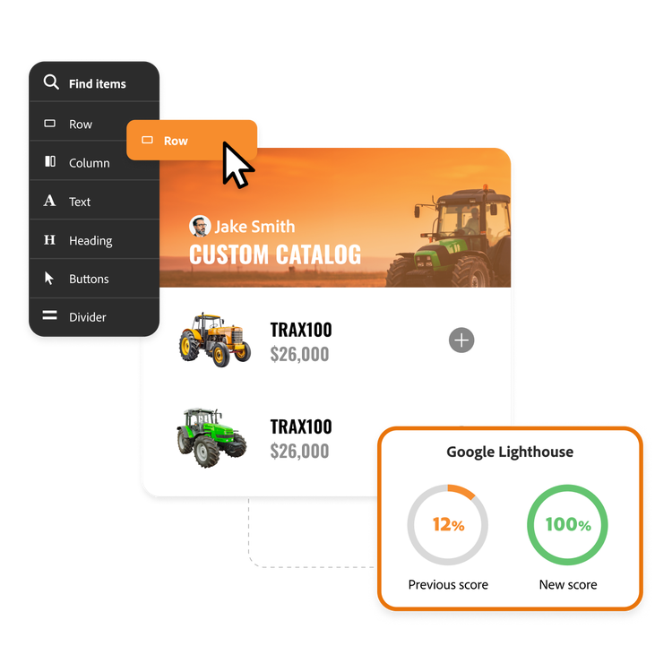 Custom catalog being created with drag-and-drop tools and a Google Lighthouse score of 100%
