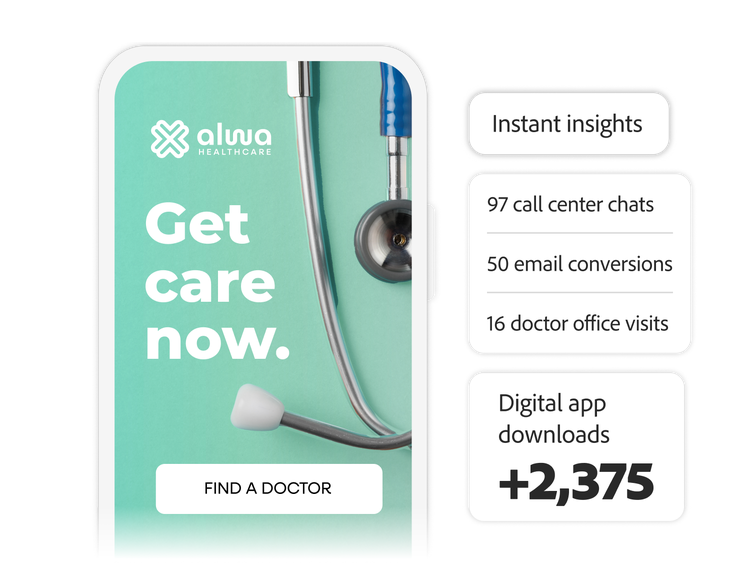 Healthcare app welcome screen with insights and digital app download numbers