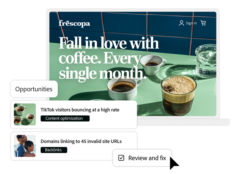 A coffee website, AI-identified opportunities, and a one-click implementation button