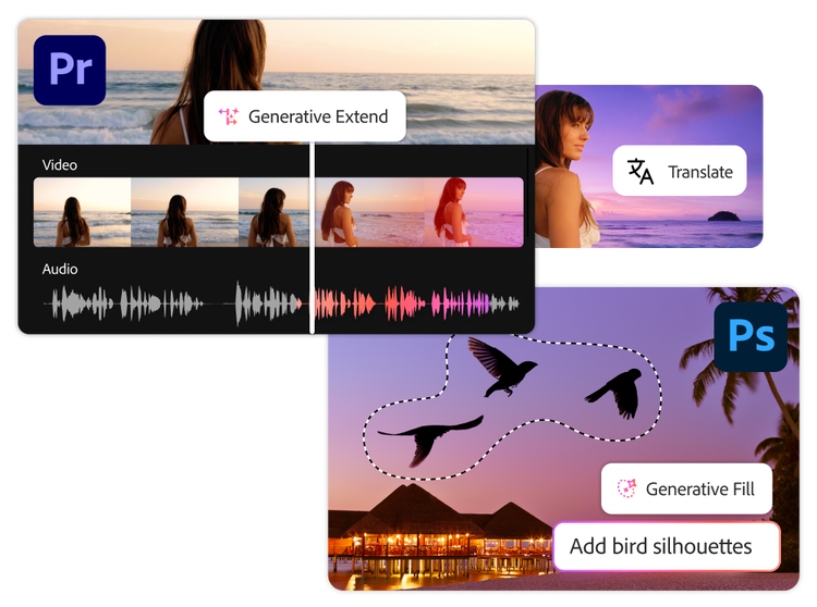 Video production in Adobe Premiere Pro with Generative Extend and Photoshop using Generative Fill to create bird silhouettes.