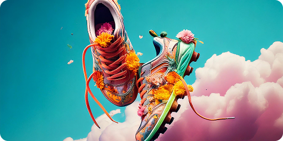 Multicolored tennis shoes against a blue background with white and pink clouds.