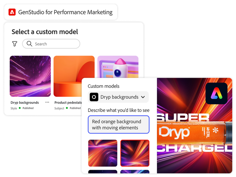 Generative AI generates a red-orange background with moving elements as a custom model inside GenStudio for Performance Marketing to create a custom model for a campaign.