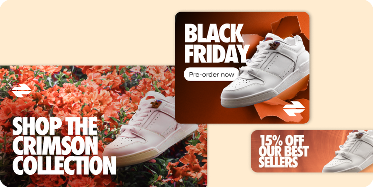 Three tailored, brand-inspired images of sneakers for Black Friday ads and promotions aligned with a campaign style.