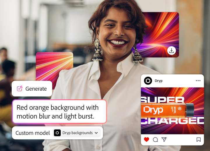A smiling businesswoman stands in an office overlayed with AI-generated red-orange motion backgrounds and an Instagram product post.