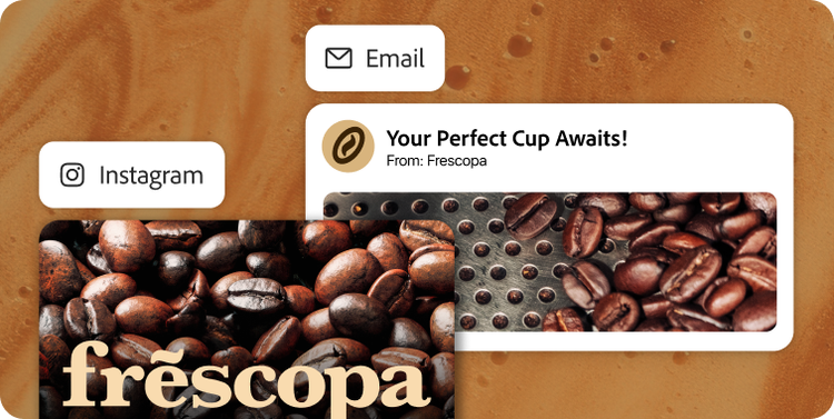 An email and an Instagram post for a coffee company feature a consistent brand style across channels.