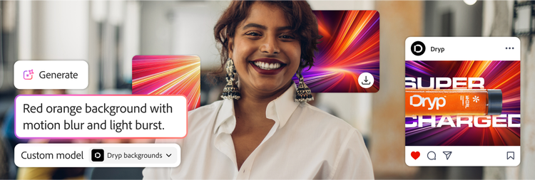 A smiling businesswoman stands in an office overlayed with AI-generated red-orange motion backgrounds and an Instagram product post.