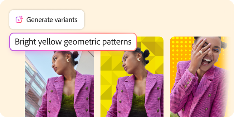 Generative AI is used to create background variants from a bright yellow geometric pattern model to maintain style consistency.