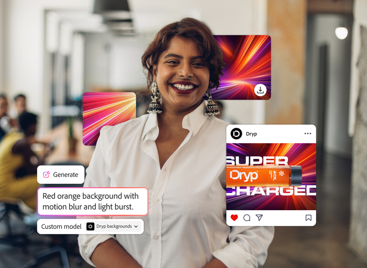 A smiling businesswoman stands in an office overlayed with AI-generated red-orange motion backgrounds and an Instagram product post.
