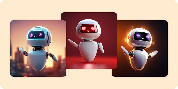 Three images of robots, each with a different AI-generated background.