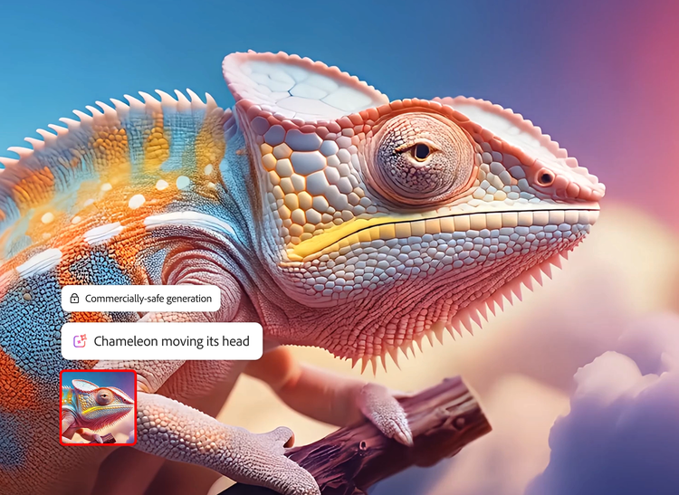 https://main--bacom--adobecom.hlx.page/assets/videos/products/firefly-business/media_19cf4842b385111f381c95502854206eee3e71a4f.mp4 | A multicolored chameleon generated from an AI prompt and labeled as commercially safe.