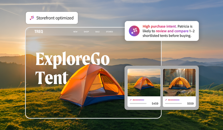 An AI-driven e-commerce interface mockup displaying an "ExploreGo Tent" shop front with personalisation popups and recommended tent options.
