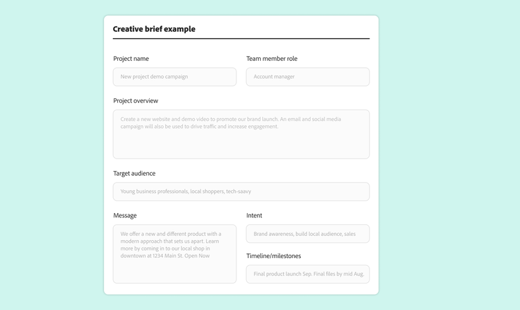 A detailed creative brief example displayed as a form, including fields such as project name, team member role, project overview, target audience, message, intent and timeline/milestones. Each field contains placeholder text providing examples, such as promoting a brand launch, targeting young professionals and aiming for brand awareness and sales.