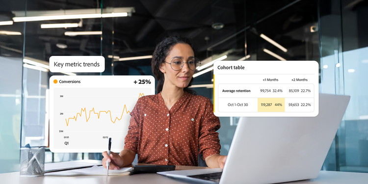 A woman sits at a desk, working on a laptop. Overlays of data visualisations including a line chart labelled “key metric trends” with a 25% increase and a “cohort table” displaying retention rates.