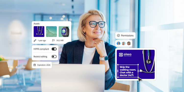 Woman at desk with telehealth overlays showing secure assets and 24/7 doctor access via Alivaa.
