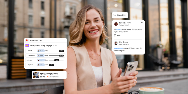 Smiling woman at café holding phone, with Adobe Workfront task progress, team messages and spring promo card.
