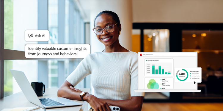 A woman in an office with a laptop, with overlays showing AI-driven customer insights, analytics charts and buyer metrics.