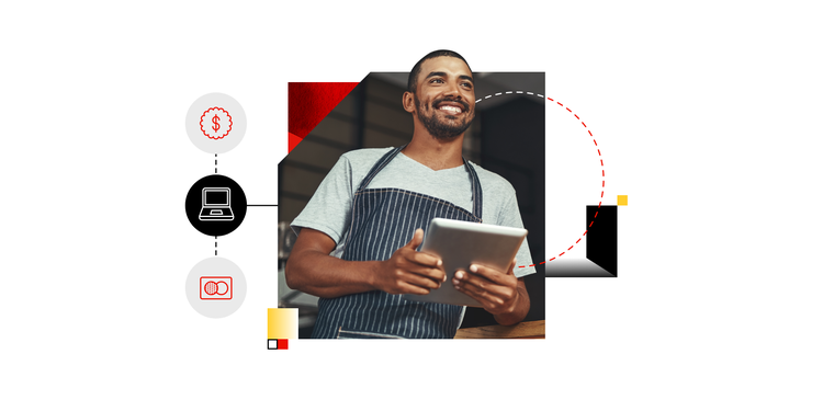 A man uses his iPad to learn about different payment methods.