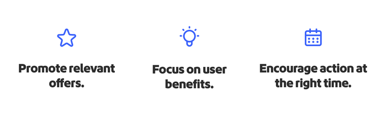 Infographic depicting that CTAs should promote relevant offers, highlight user benefits and encourage timely action.