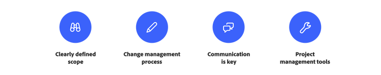 Blue icons representing clearly defined scope, change management process, communication is key and project management tools.
