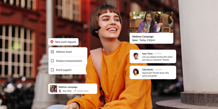 Illustration of a new work request in Adobe Workfront, showing status updates and project communications for a webinar campaign.
