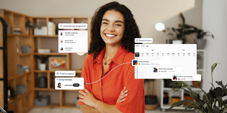 Illustration of a project management application showing task assignments, project progress and timelines.