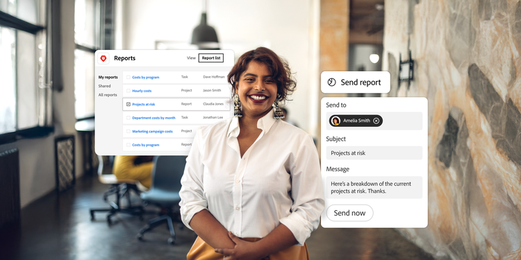 Smiling woman in office sends Projects at risk report to a colleague; dashboard shows various reports and a message confirming it's been sent.