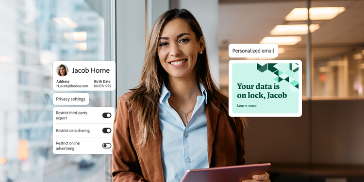 Visual of a customer interacting with personalised email while managing data privacy preferences.