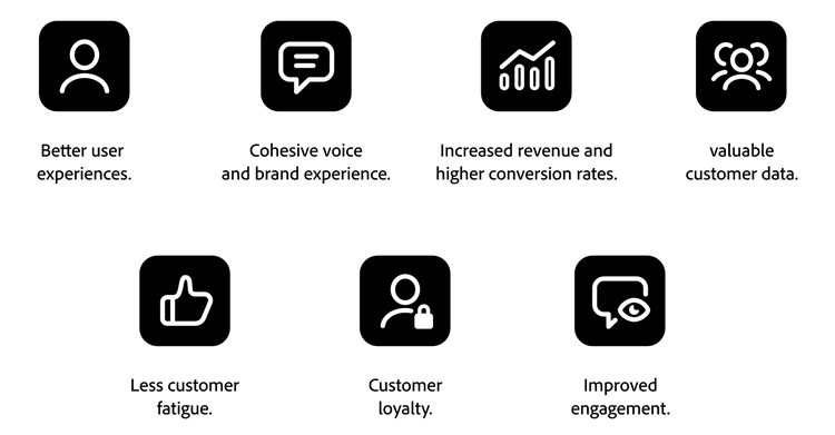 Seven monochrome circular icons with short phrases highlighting the benefits of omnichannel marketing.