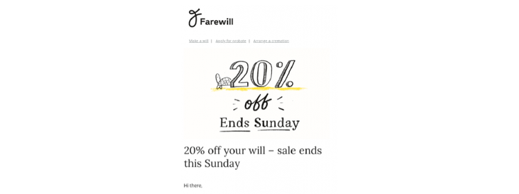 Farewill's lead nurturing email offers a discount.