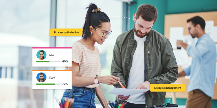 Image of a man and woman looking at a printout with scenario planning steps overlain on top