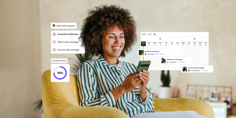 A person in a yellow chair with overlays showing campaign tasks, calendar entries and a 75% completion status.