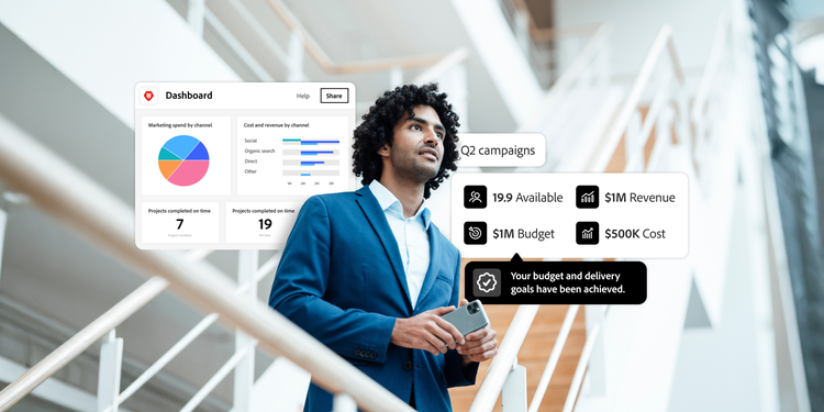 Man holding phone with campaign dashboard showing budget, revenue, project status and achievement message.