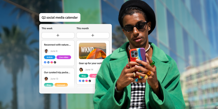 Image of person using a phone. Overlaid with a Q2 social media calendar with scheduled posts for this week and this month.