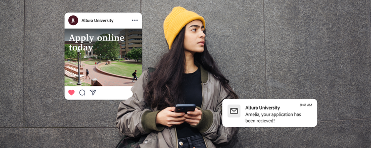 A woman in a jacket and a yellow beanie while using a smartphone. Overlaid with a social media post and an email from a university.