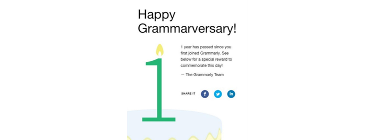 Grammarly celebrates an anniversary in its lead nurturing email.