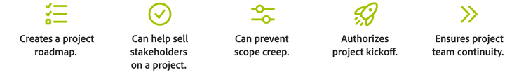 Five simple green icons illustrating benefits of effective project management, each paired with a brief description: creates a project roadmap, can help to sell stakeholders on a project, can prevent scope creep, authorises project kickoff and ensures project team continuity.