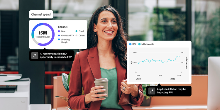 Smiling professional with coffee beside dashboard showing channel spend, ROI trends and AI insights.