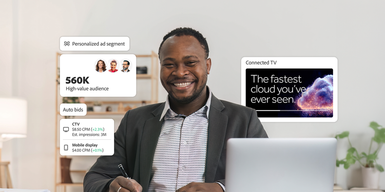 Smiling professional at desk with ad metrics dashboard illustrating measurable value from targeted campaigns.