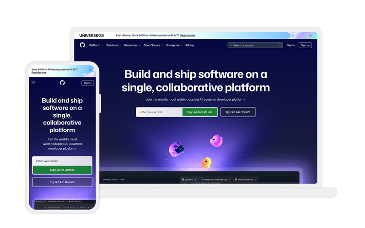 Adaptive desktop and mobile views of GitHub’s website.