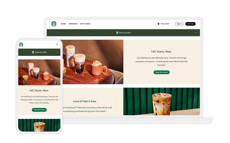 Adaptive desktop and mobile views of Starbucks’ website.